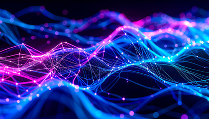 Complex dynamic cellular connections of neural networks with glowing lines and nodes in shades of blue, violet and neon green in the flow of signals and substances