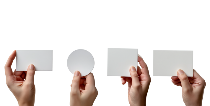 Photographs of multiple hands holding blank business cards on a white background, with white round cards with rounded corners. High-resolution photography. 