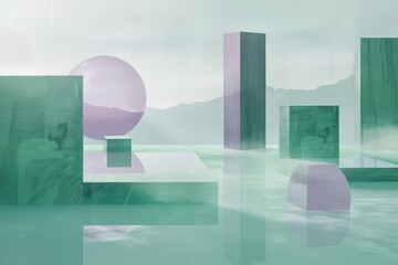 Abstract scene with geometric shapes (cubes, sphere, cylinder) in teal and purple hues reflected on a watery surface against a mountain backdrop.
