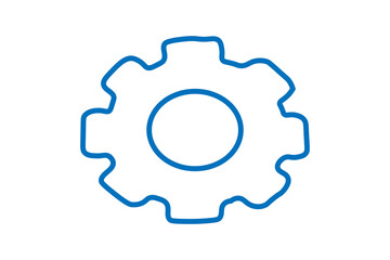 The image depicts a gear or settings icon outlined in blue against a white background. The icon has a circular center with evenly spaced teeth around the outer edge, representing a cogwheel
