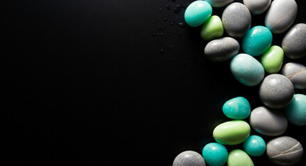 Colorful wet pebbles scattered naturally across a smooth dark surface