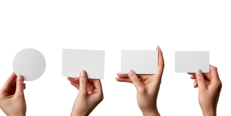 Photographs of multiple hands holding blank business cards on a white background, with white round cards with rounded corners. High-resolution photography.