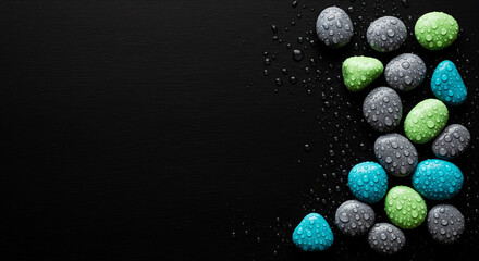 Colorful wet pebbles scattered naturally across a smooth dark surface