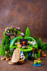 Adorable cats rest, communicate and play in a warm home atmosphere of love and care on International Cat Day. Postcard with space for text.