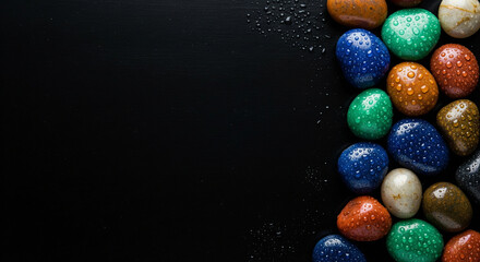Colorful wet pebbles scattered naturally across a smooth dark surface