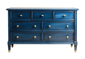 Deep blue dresser with gold hardware.  Solid wood,  simple design,  classic style.  Multiple drawers