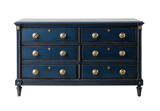 Dark navy blue dresser with brass pulls