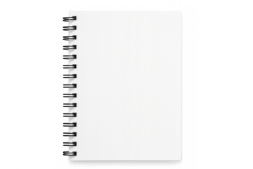 Blank black spiral-bound notepad standing vertically, isolated against transparent background