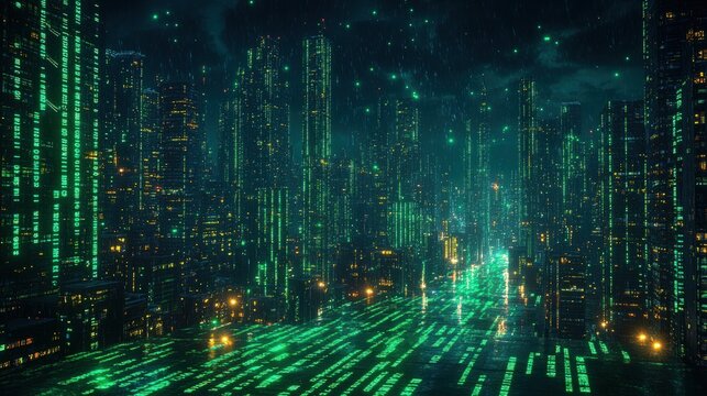 Futuristic city at night, digital coding - Powered by Adobe