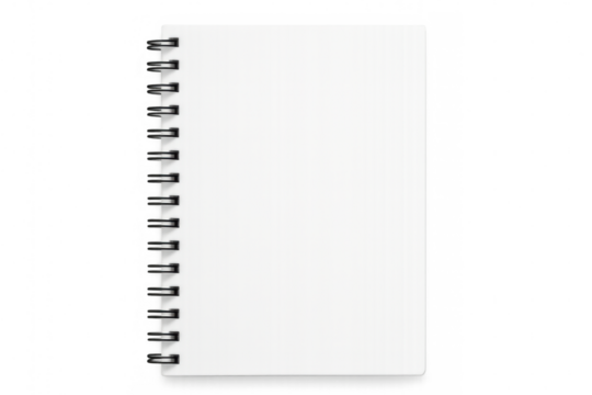 Blank black spiral-bound notepad standing vertically, isolated against transparent background