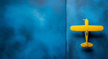 Tiny Yellow Airplane Model on Blue Textured Background