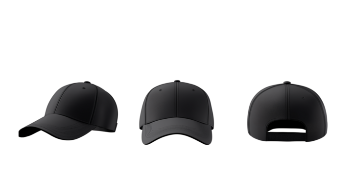 Black baseball cap template set, isolated on a white background. Includes three different angles, a mockup template design collection for sport and fashion product presentation,