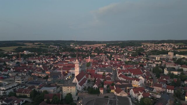 Pfaffenhofen Ilm city fly over during evening sunset phase 