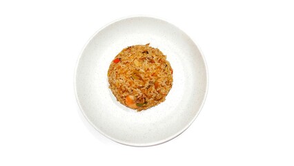 Seafood fried rice served on white plate isolated on white background. Food presentation business