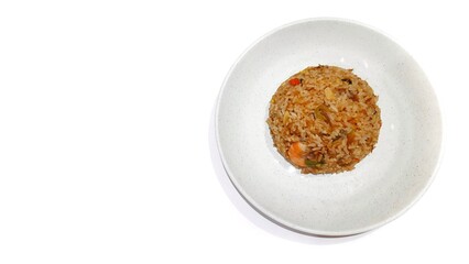 Seafood fried rice served on white plate isolated on white background. Food presentation business