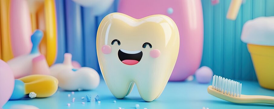 A cheerful tooth character with a toothbrush celebrating National Dentist Day in a colorful setting