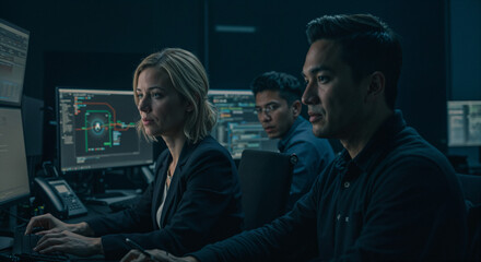 A team of cybersecurity analysts, including a blonde Caucasian woman and a South Asian man, in a dark operations room responding to a cyber threat, screens showing attack vectors and defense strategie