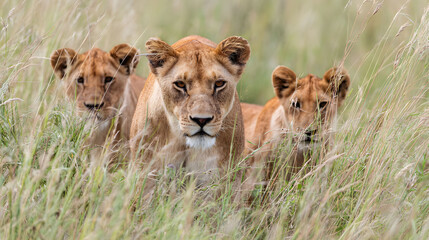 Naklejka premium Lioness and Two Cubs in Tall Grass Savanna