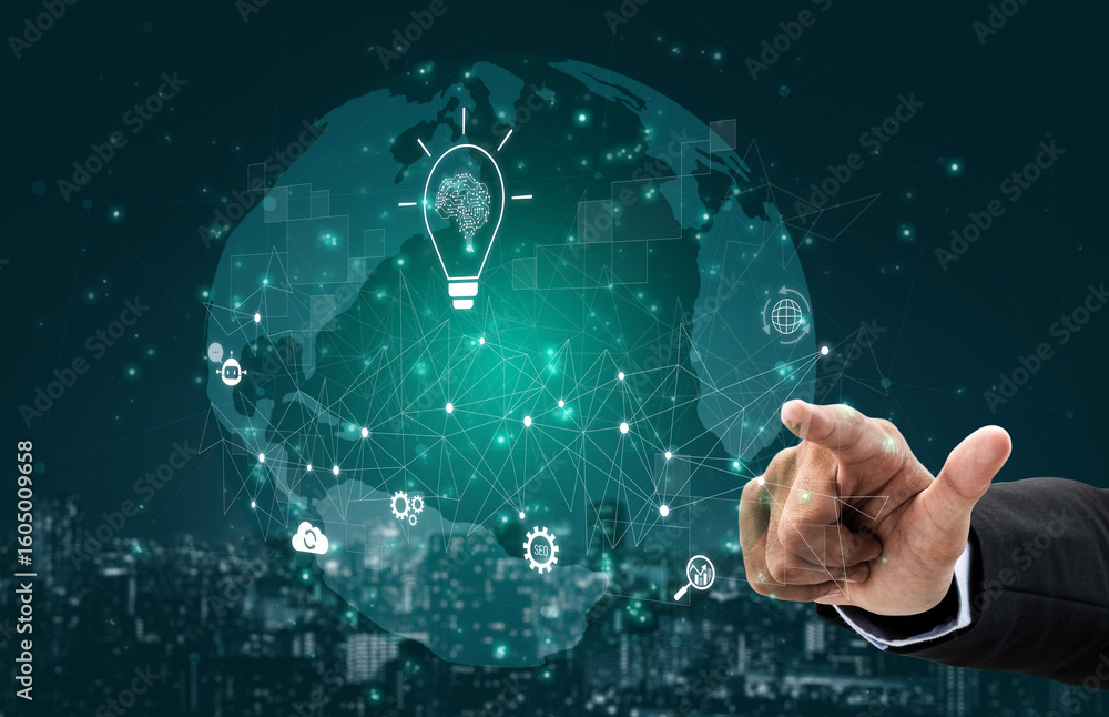 Poster ai innovation with neural network and digital transformation. ai innovation drives automation, power