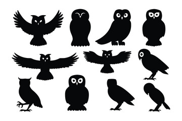 Collection of diverse black owl silhouettes displayed in various poses and styles against a white background