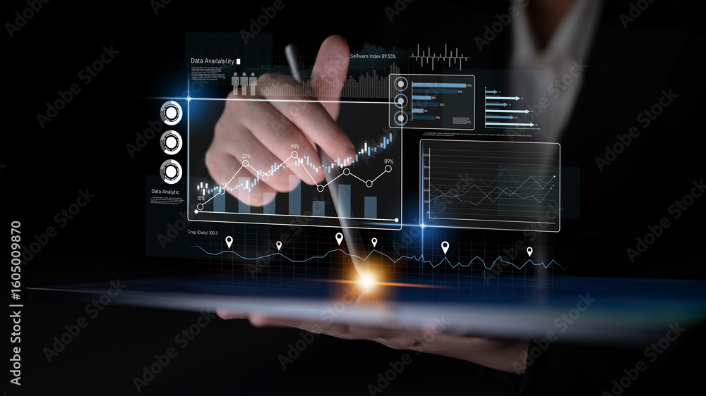 Poster high-tech data visualization dashboard for analytics and performance tracking, including data visual