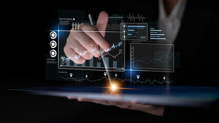 High-tech data visualization dashboard for analytics and performance tracking, including data...