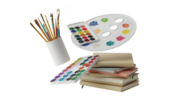Vibrant watercolor paints, brushes, and books on transparent background, inspire creative projects and artistic exploration for all