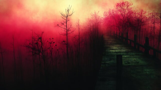 A mystical, dark path through a fog-shrouded, crimson swamp