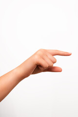 A left human hand with fingers extended in a pointing gesture is isolated on a plain white...