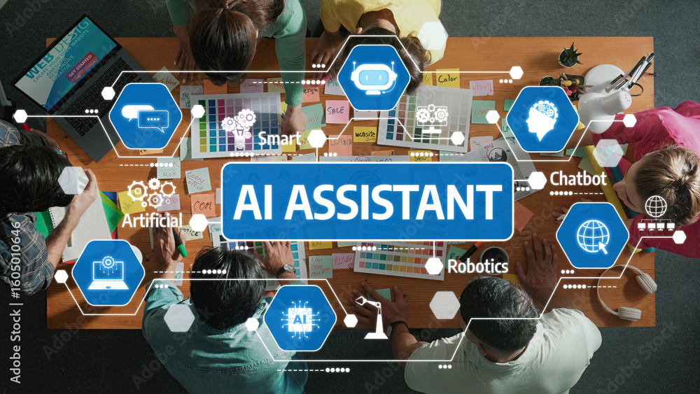 Poster engaging scene of a diverse team collaborating in a modern workspace, exploring ai assistant technol