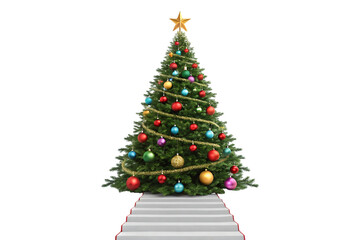 Decorated Christmas tree with star and ornaments isolated on a transparent background