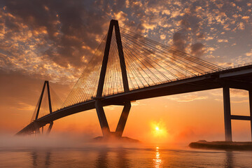 Obraz premium Silhouette of a Modern Cable Stay Bridge at Sunrise with Fog
