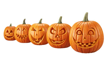 Five carved Halloween pumpkins in a row isolated on a transparent background
