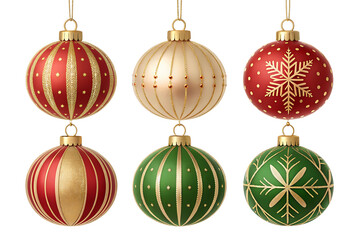 Red gold and green Christmas ornaments isolated on a transparent background