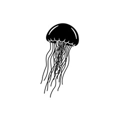 Abstract Floating Jellyfish Icon. Minimalist Sea Creature Doodle. Hand-Drawn Black and White Vector of an Organic Marine Animal.