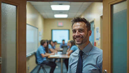 Fototapeta premium Smiling businessman standing in doorway outside team meeting room