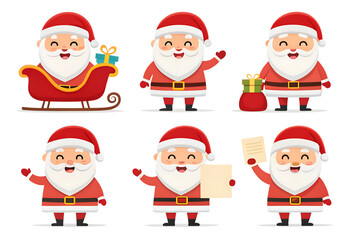 Six cartoon Santa Claus characters isolated on a transparent background
