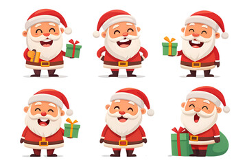 Six cartoon Santa Claus figures with gifts isolated on a transparent background