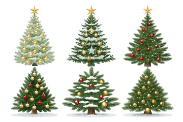 Six Christmas trees with ornaments isolated on a transparent background
