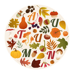 Round card with autumn letters and seasonal forest elements: mushrooms, pumpkins, chestnuts, leaves and berries. Warm textured background and cozy fall mood Perfect for seasonal design, greeting cards