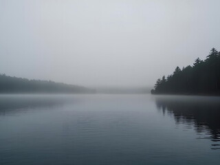 Serene Foggy Lakeside Landscape with Calm Waters and Forested Shores