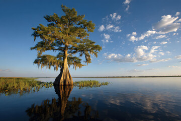 Solitary Bald Cypress Tree Reflecting in Calm Swamp Water Under a Blue Sky