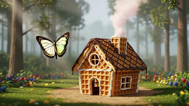 Fairy tale waffle house in a magical forest clearing. Made of crispy golden waffles with a chocolate roof and sugar smoke chimney. Surrounded by berries, flowers, and soft sunlight. Realistic 3D fanta