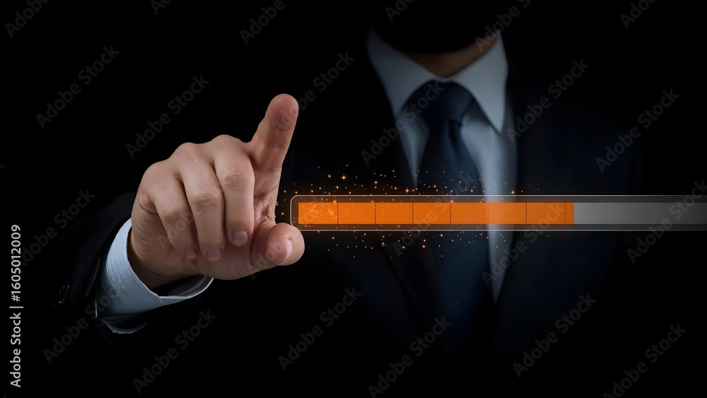 Poster businessman initiating data transfer or system process, indicated by a glowing orange loading progre