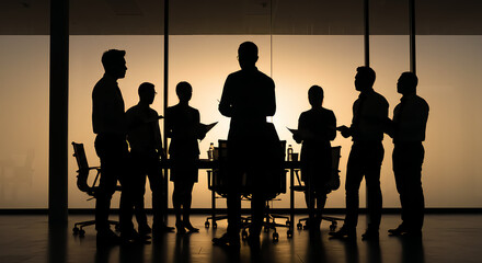 Silhouette of a diverse business team in a modern office meeting, discussing corporate strategy and future goals.