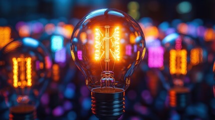 Glowing lightbulb, vibrant colors