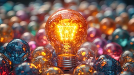 Illuminated bulb amongst colorful light bulbs