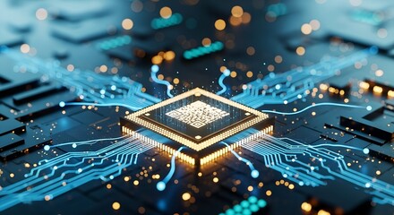 Central processing unit with glowing blue data streams and intricate circuitry on a dark background