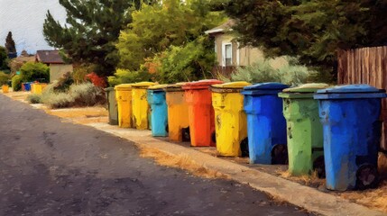 Colorful trash cans lined up along a suburban street, showcasing vibrant hues against a sunny California backdrop during the day.