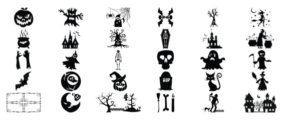A collection of halloween themed illustrations in black silhouette on a white background